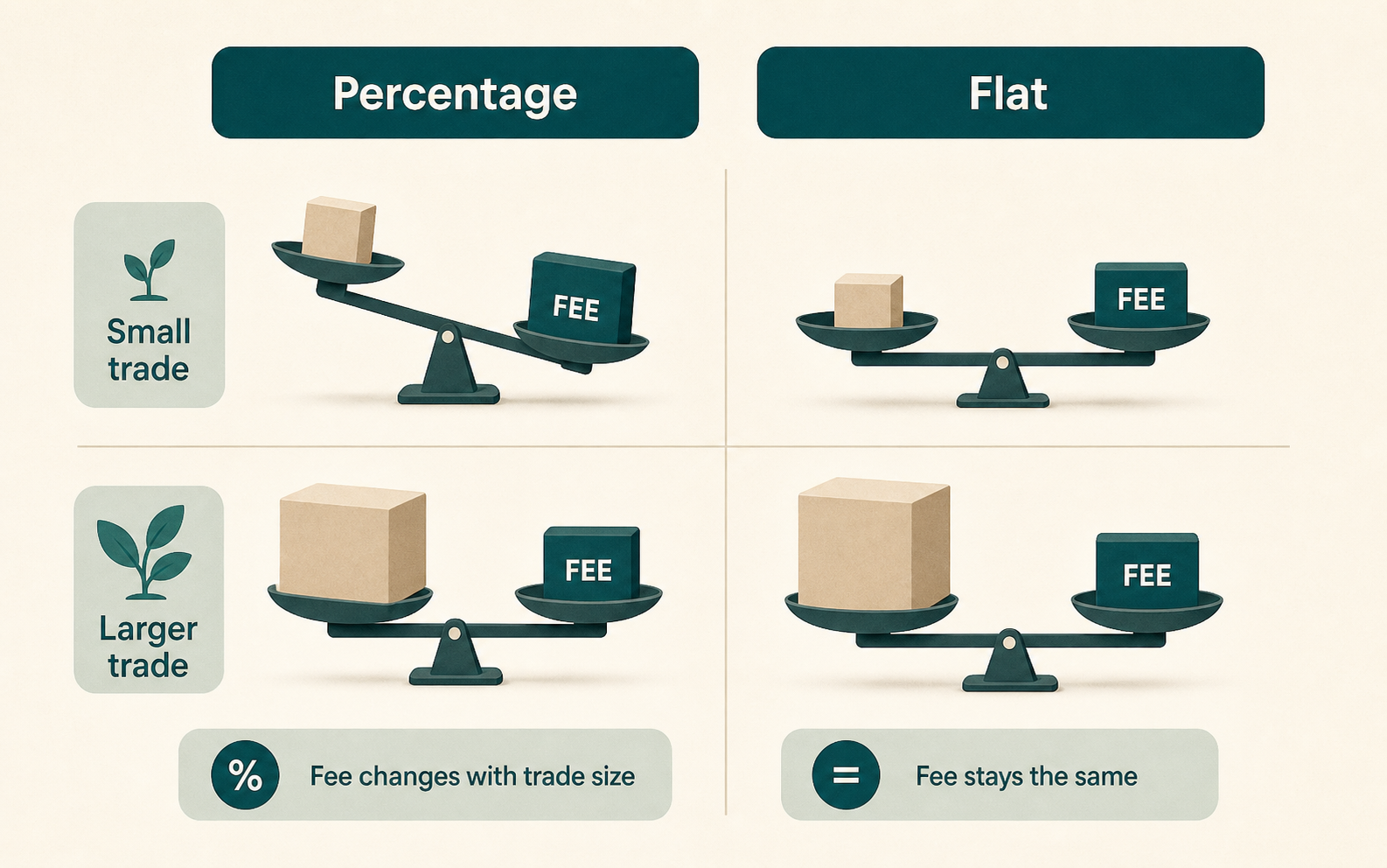 Visual comparison of percentage fees and flat fees for small and larger US trades.