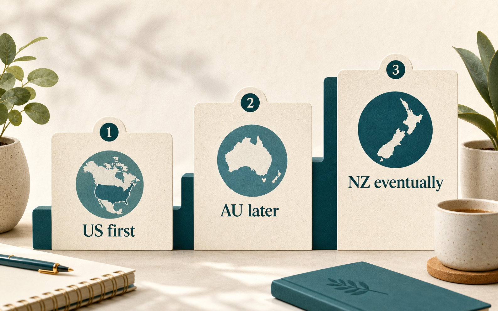 Visual roadmap showing US first, Australia later, and New Zealand eventually.