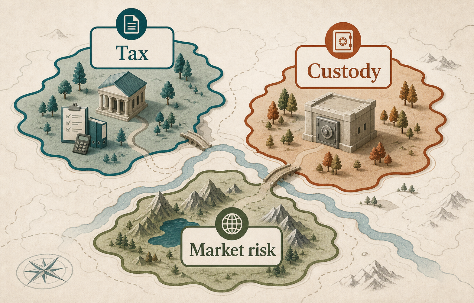 Visual caution map showing tax, custody, and market risk as separate concepts.